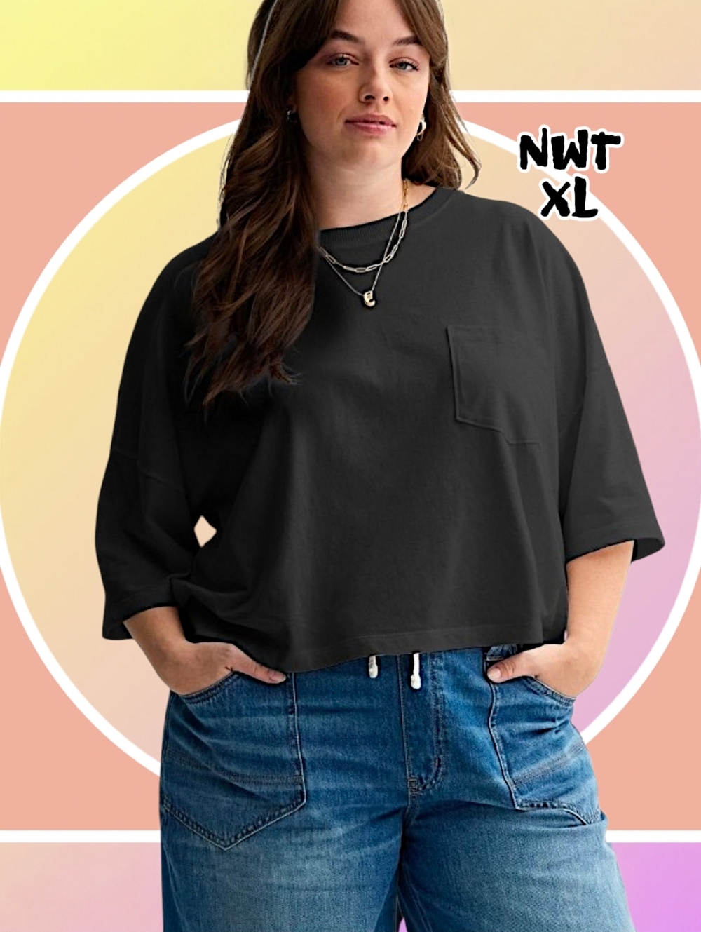 NWT 2 $22 Short Sleeve Boxy Cropped Pocket Tee Sz XL